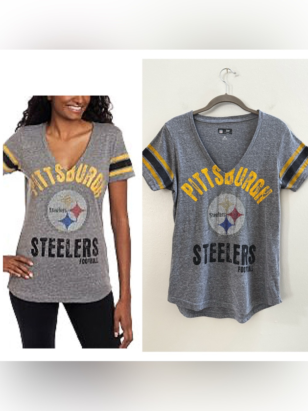 Pittsburgh Steelers NFL Bedazzled Jewel Gem Short Sleeve Football T-Shirt Grey